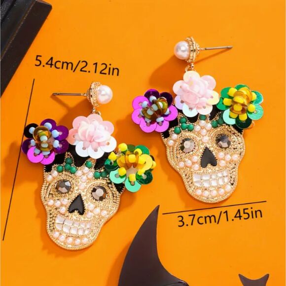 Gorgeous ICED Sugar Skull Dangle Earrings 3D Flowers Halloween Day of The Dead - Picture 6 of 8